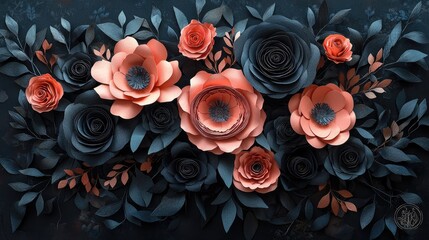 A decorative arrangement of paper flowers in dark tones.