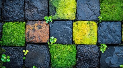 Colorful paving stones with vibrant green moss.