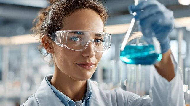 Scientist in lab holds a flask of blue liquid. Perfect for science related blog posts, educational materials, and technology concepts.