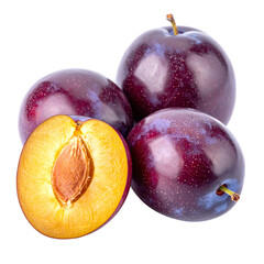 Ripe Plums: Whole and Halved on Black Background