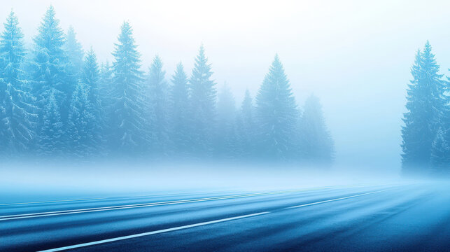 Morning fog on forest road creates serene atmosphere with tall pine trees lining way