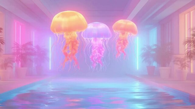 neon jellyfish morphing into a luxury spa / swimming pool, ultra-minimalist 80s style inspired motion design; smooth 3D render perfect for high-end travel ads; neon pastel aesthetic