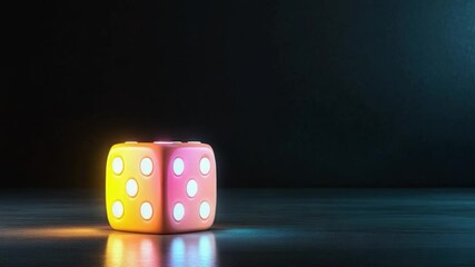 Vibrant glowing die on dark reflective surface with multicolored neon light and copy space for text or graphics - Powered by Adobe