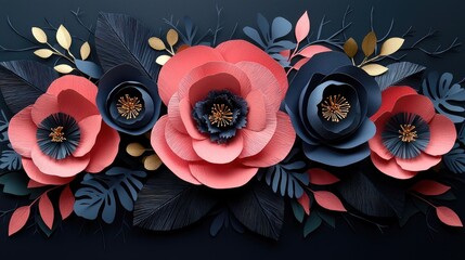 Decorative arrangement of paper flowers and leaves in dark colors.