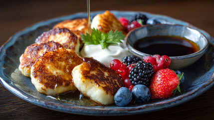 Cheese fritters, also known as Syrniki, are cottage cheese pancakes that are eaten with honey, sour cream, and fresh berries. 