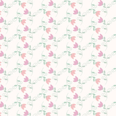 Seamless Floral Pattern with Pink Flowers and Green Vines on White Background