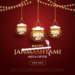 Happy janmashtmi sale banner with dahi handi. Vector illustration of Happy Krishna Janmashtami Sale social media feed template