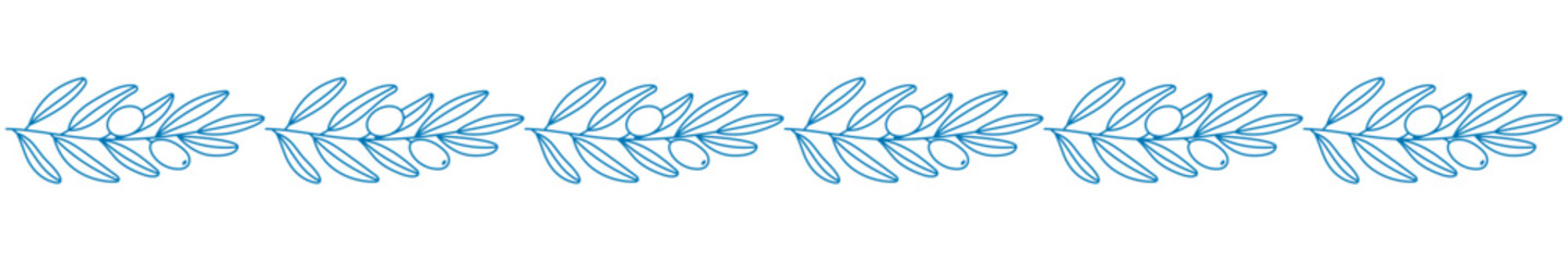 Obraz premium Olive branch border line art vector illustration. Repeating blue outline design of olive leaves and berries