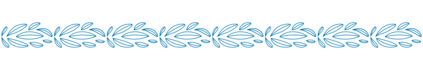 Blue leaf horizontal border line art vector illustration. Repeating simple outline design of elegant botanical foliage