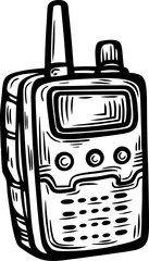 Obraz premium Hand drawn vintage walkie talkie illustration with antenna in retro engraved sketch isolated on white