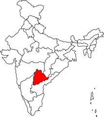 TELANGANA MAP, INDIA MAP HIGHLIGHTING THE STATE OF TELANGANA