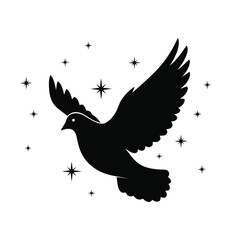 Dove in Flight with Stars Icon – Minimalist Vector Line Art Symbolizing Peace, Hope, and Celestial Freedom