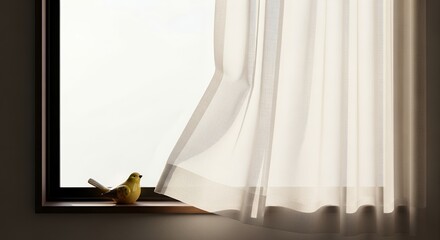 Yellow Bird on Window Ledge with Sheer White Curtain Blowing Gently