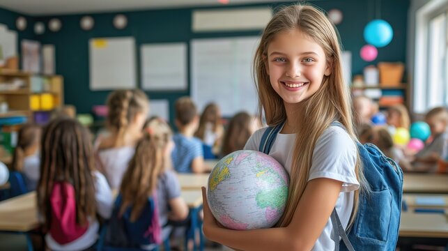 A young Caucasian girl with long brown hair smiles while holding a globe in a classroom filled with diverse students. She wears a backpack and stands in front of a chalkboard. - Powered by Adobe