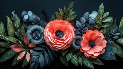 A vibrant arrangement of paper flowers and leaves.