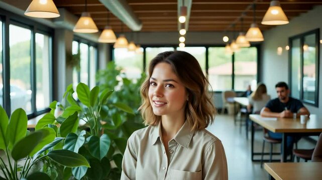 Young Woman Smiling in Modern Cafe - Natural Daylight Portrait with Greenery for Lifestyle Content, Social Media Marketing and Hospitality Promotions