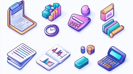 Fototapeta premium Colorful Isolated Business Icons Representing Finance, Analytics, Charts, Reports, Calculators, and Time Management for Stock Image Usage