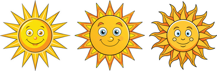 Happy sun cartoon character set vector illustration