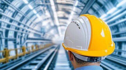 Rear view of an engineer, back to camera, intently focused on the intricate machinery of a high-speed train engine within a maintenance bay.