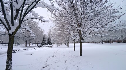 Snow-Covered Ground Landscape with Untouched Powder and Frosted Tree Details, Serene Winter Scene Featuring Soft Textures and Cold Weather Tranquility, Natural Blanket