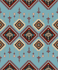 vector pattern,seamless,navajo tribal,geometric,textile, Native American and Mexican inspired shapes, warm blue tones, fabric design,wallpaper,rug texture,clothing print,traditional decorative crafts.