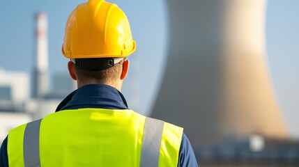 Rear view of an engineer, inspecting the massive concrete barriers surrounding a nuclear power plant's containment building, verifying their structural soundness.
