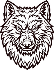 Fierce wolf head illustration with bold lines and detailed fur pattern in black and white