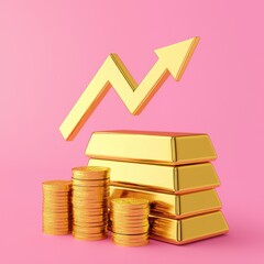 Gold Bars Stacked with Coins and Upward Arrow on Pink Background