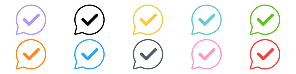 Checkmark or tick mark on speech bubble as a symbol of accept, agree or approval. Icon for app, website and UI. Colorful set of icons, vector illustration