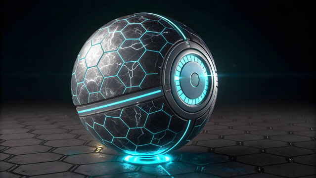 Futuristic 3D orb with chrome shell and glowing cyan data veins | Pulsing core emitting hexagonal neon grid | Suspended in dark void with cool blue rim lighting | Hyper-realistic tech visualization 8K - Powered by Adobe