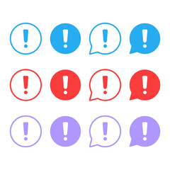 exclamation mark icons in speech bubble shapes | alerts, warnings, attention and important information icons | in black, yellow, and red colors