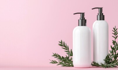 Elegant White Cosmetic Bottles with Pump on Soft Pink Background