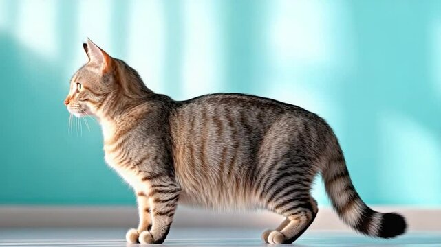Tabby cat walking indoors with striped fur pattern against a teal background and natural light