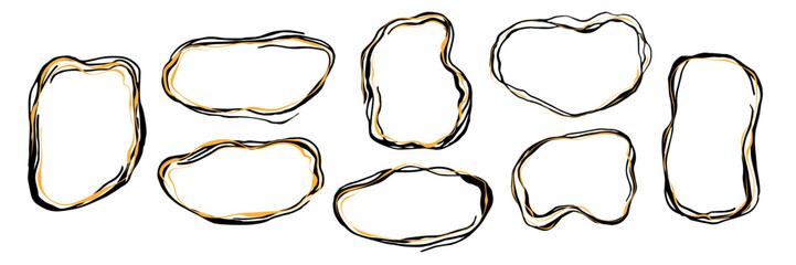 Hand drawn black and golden ink frames with organic and unusual shapes. Abstract geometric round grunge design with spiral lines. Vector minimalistic expressive linear shape. Unique aesthetic, border.