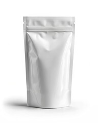 Shiny stand up pouch offers flexible packaging solutions for snacks and grains in a crisp white color