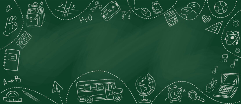 Back to school in chalk doodle style on blackboard. Template of a school poster with hand drawn accessories and copyspace. Banner template with school supplies frame. Vector illustration - Powered by Adobe
