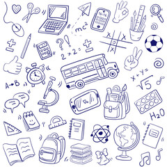 set School doodles on notebook sheet. collection Back to school. School supplies and elements are drawn on a notebook page. Hand-drawn vector illustrations. outline ornament