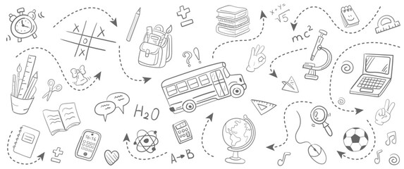set School doodles. collection Back to school. School supplies and elements are drawn Hand-drawn vector illustrations. outline ornament, black and white isolated