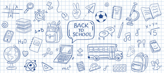 set School doodles on notebook sheet. collection Back to school. School supplies and elements are drawn on a notebook page. Hand-drawn vector illustrations. outline ornament