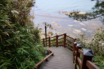 Wooden Stairs to Rocky Shoreline