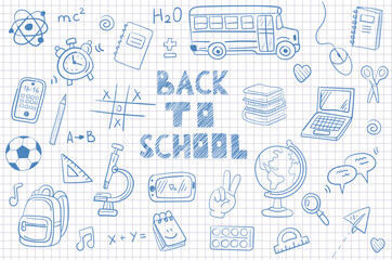 Obraz premium set School doodles on notebook sheet. collection Back to school. School supplies and elements are drawn on a notebook page. Hand-drawn vector illustrations. outline ornament