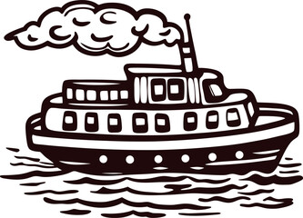 Obraz premium Vintage hand drawn ferry boat on water with smoke stack and windows in retro engraved illustration