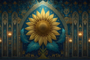 Obraz premium Bright sunflower mural in ornate room with blue and gold detailing showcasing artistic craftsmanship and intricate design elements