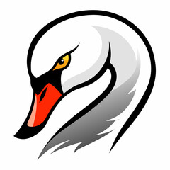 Stylized white swan head with fierce orange beak and yellow eye