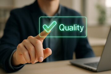 Controllo qualità digitale, mano che punta a un simbolo “Quality” fluttuante