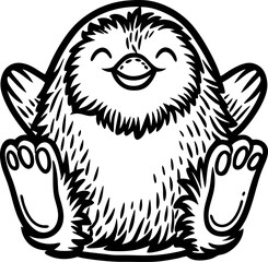 Happy baby penguin illustration with open wings, sitting and smiling, black and white line art