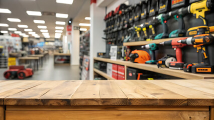 Fototapeta premium Shop for selling electric tools. Drills, screwdrivers, electric saws, grinder. Defocused, blurred image. In the foreground is the top of a wooden table, counter. with copy space image.