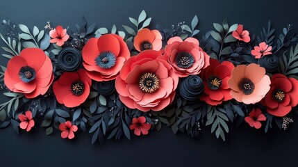 Decorative arrangement of paper flowers in deep colors.