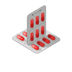 Blister pack with red pills for pharmaceutical use.