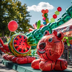 Fototapeta premium Watermelon balloon animals at a summer fair - surreal and festive